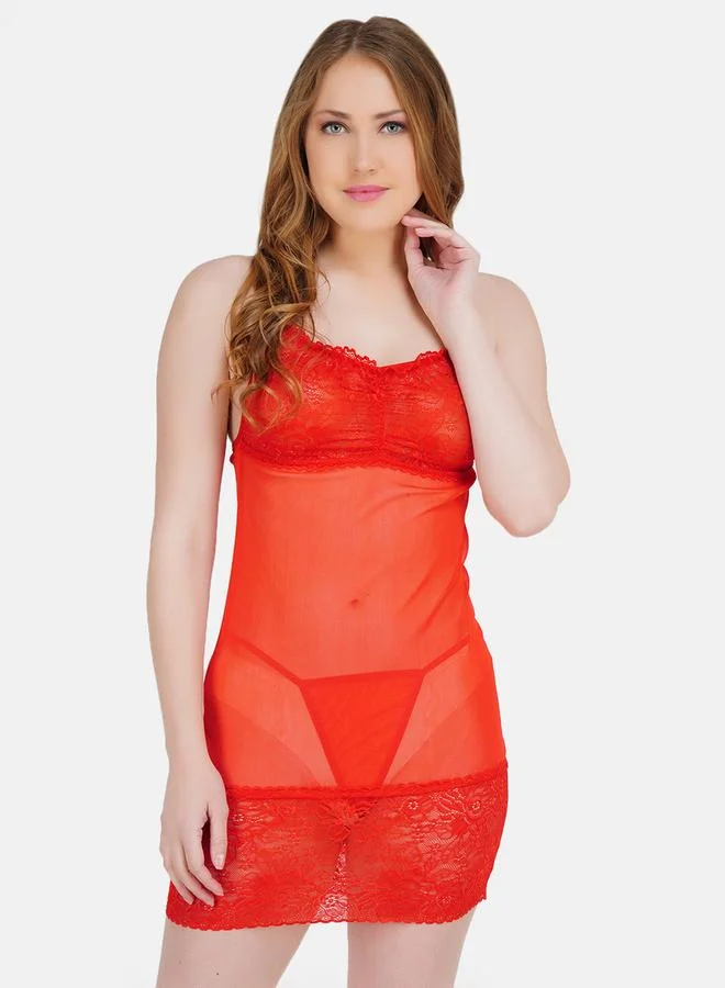 تايك تو طقم بيبي دول وسروال داخلي دانتيل أحمر بتصميم بارز للنساء